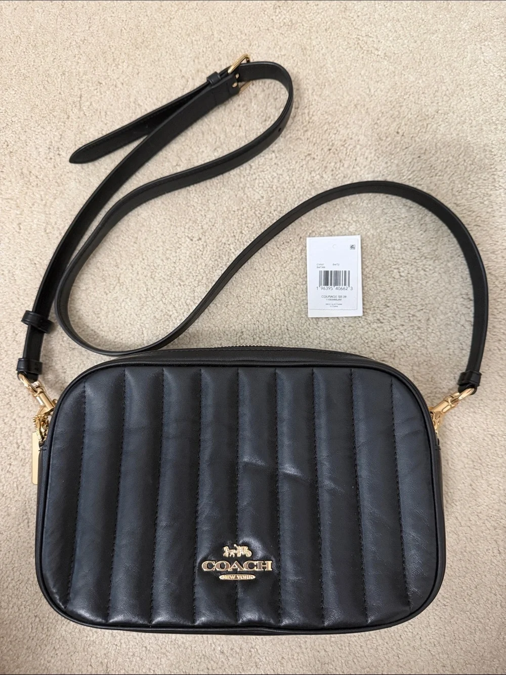 Coach Courage Black Quilted Leather Camera Crossbody with Gold Hardware